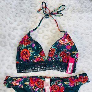 XHILARATION Floral Bikini XL Green Triangle Top and Bottom